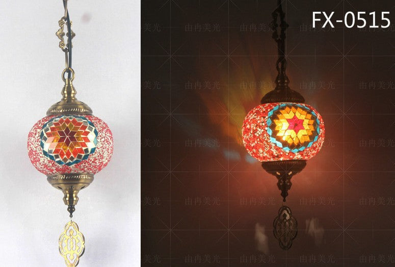 Mosaic glass pendant light with floral design, red and blue colors, brass accents.