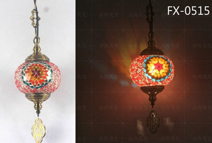 Mosaic glass pendant light with floral design, red and blue colors, brass accents.