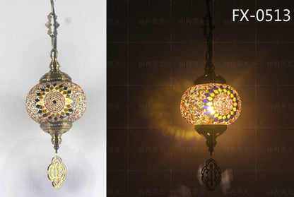 Mosaic glass pendant light with intricate patterns and a brass frame, fx-0513 model.