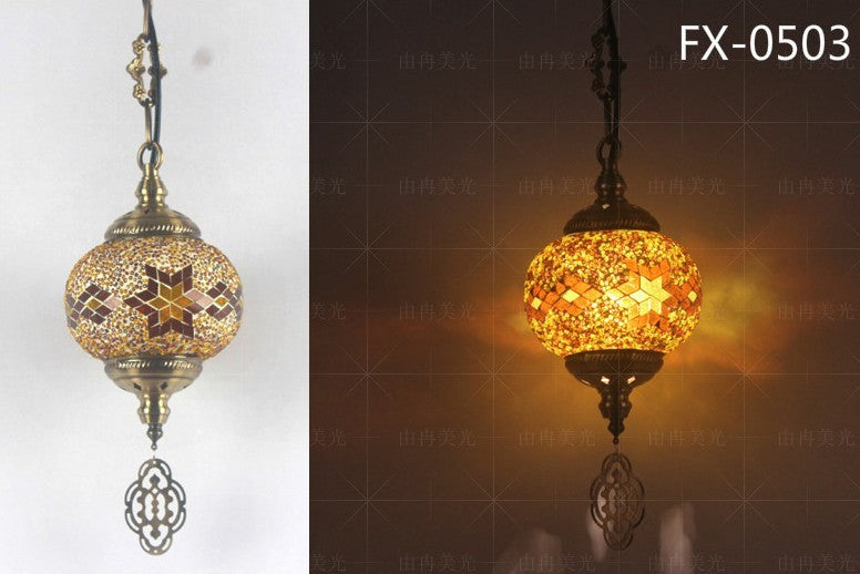 Mosaic glass globe pendant light with star and floral designs, gold accents.