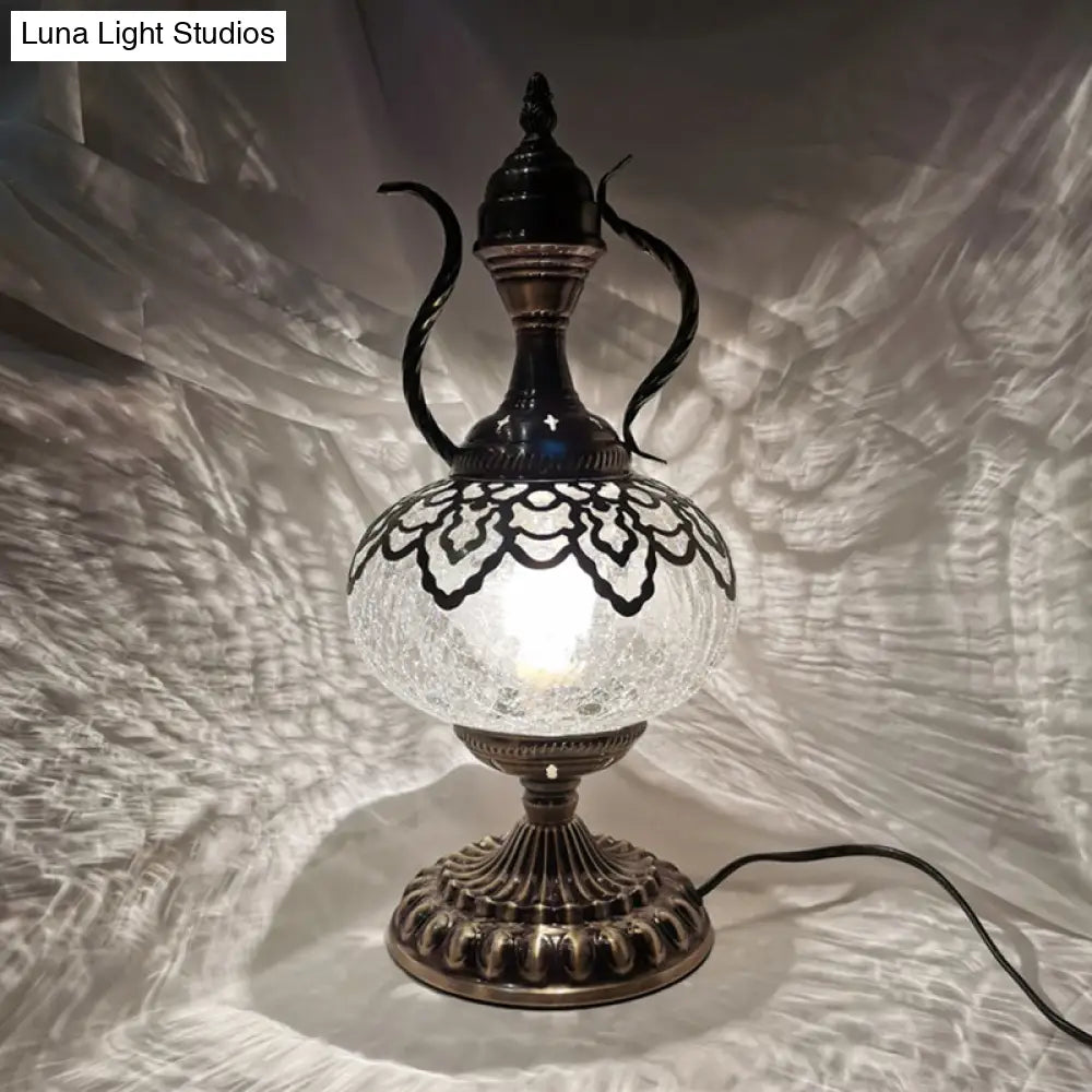 Turkish Crackle Glass Bronze Teapot Table Light, 6.5"/7" Width, 1-Bulb Nightstand Lamp for Living Room