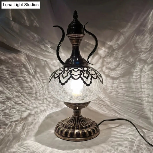 Turkish Crackle Glass Bronze Teapot Table Light, 6.5"/7" Width, 1-Bulb Nightstand Lamp for Living Room