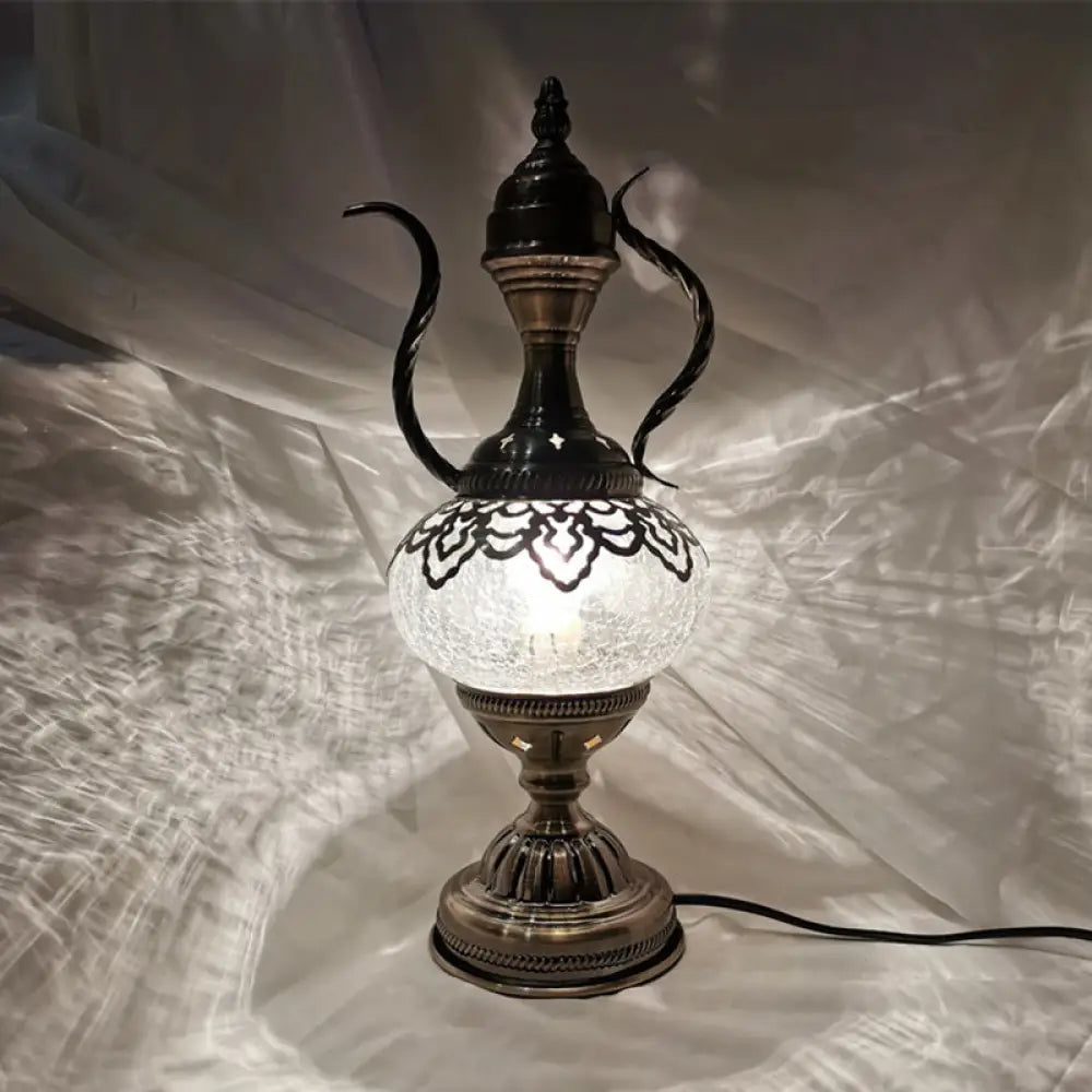 Turkish Crackle Glass Bronze Teapot Table Light, 6.5"/7" Width, 1-Bulb Nightstand Lamp for Living Room