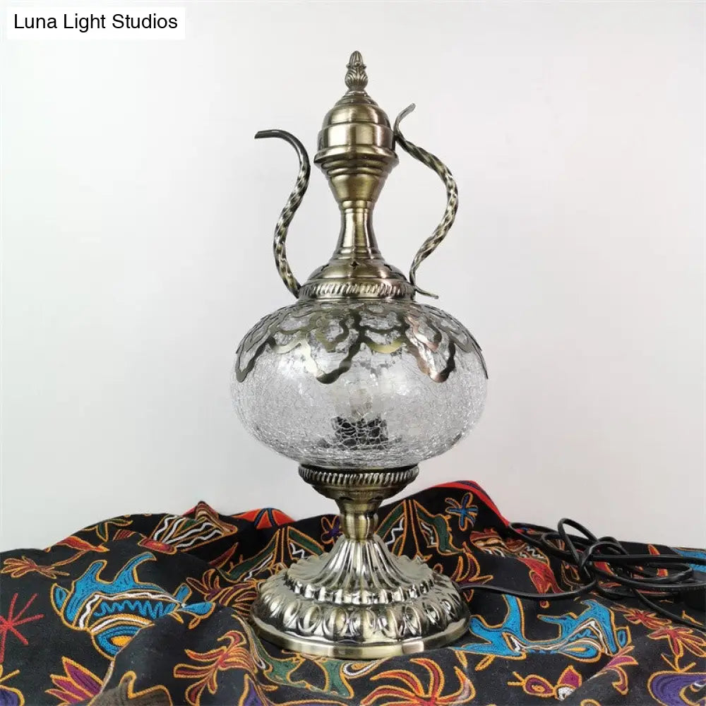 Turkish Crackle Glass Bronze Teapot Table Light, 6.5"/7" Width, 1-Bulb Nightstand Lamp for Living Room