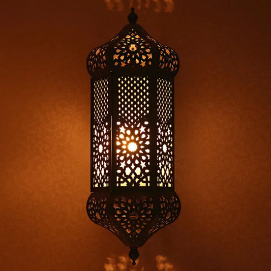 Turkish Iron Hollow-out Wall Light with Antiqued Brass Finish - 1 Bulb Living Room Lantern Sconce