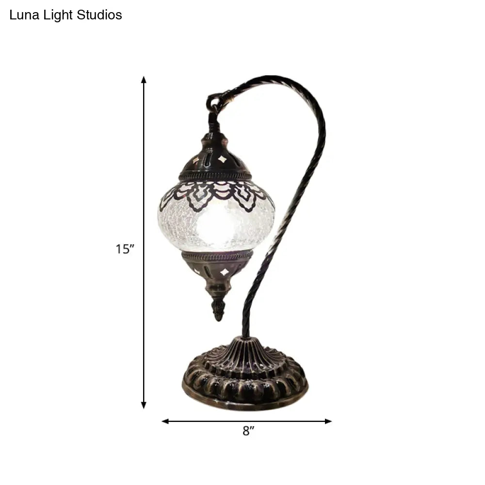 Turkish Night Lamp: Crackle Glass Bronze Desk Light with Curving Arm - 15"/18"/21" High