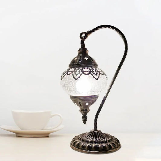 Turkish Night Lamp: Crackle Glass Bronze Desk Light with Curving Arm - 15"/18"/21" High