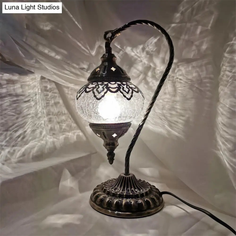 Turkish Night Lamp: Crackle Glass Bronze Desk Light with Curving Arm - 15"/18"/21" High