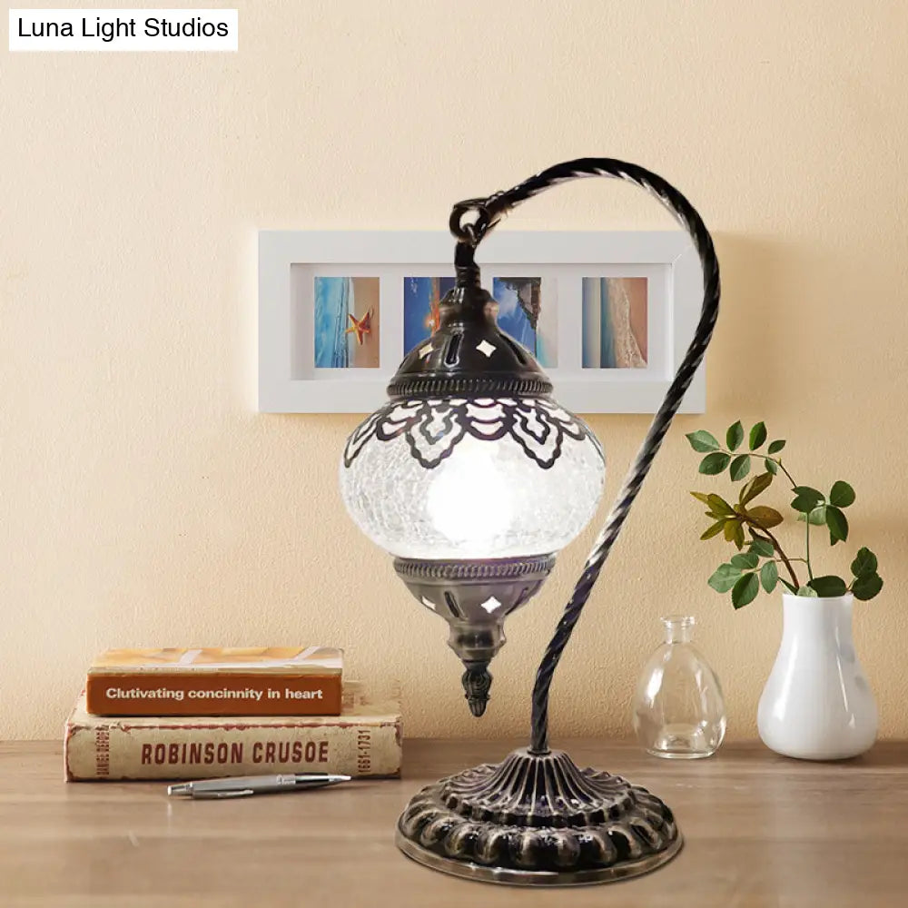 Turkish Night Lamp: Crackle Glass Bronze Desk Light with Curving Arm - 15"/18"/21" High