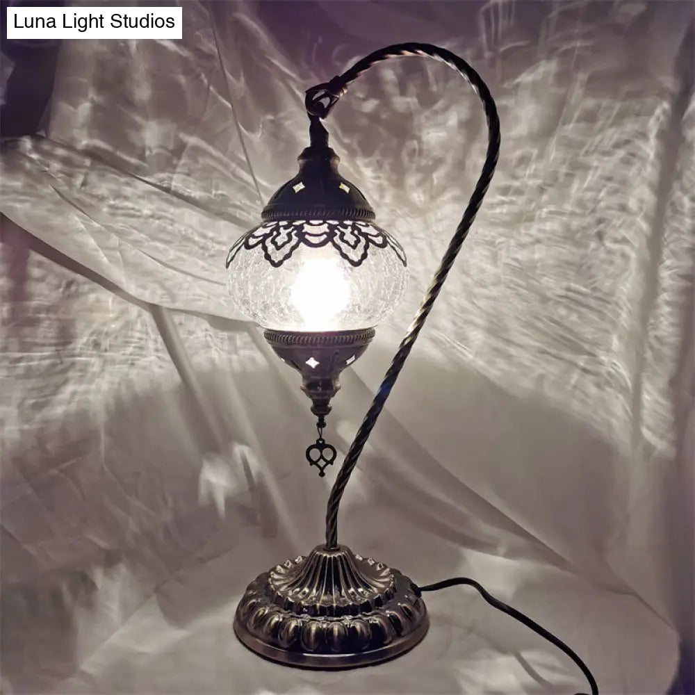 Turkish Night Lamp: Crackle Glass Bronze Desk Light with Curving Arm - 15"/18"/21" High