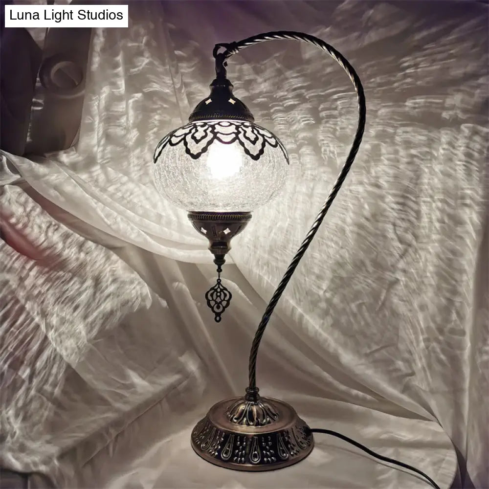 Turkish Night Lamp: Crackle Glass Bronze Desk Light with Curving Arm - 15"/18"/21" High