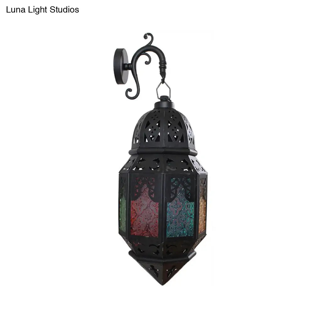 Turkish Single-Bulb Black Stained Art Glass Censer Wall Lamp: Bistro Lantern Sconce