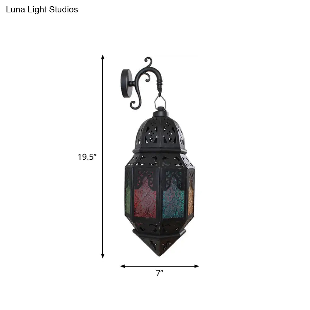 Turkish Single-Bulb Black Stained Art Glass Censer Wall Lamp: Bistro Lantern Sconce