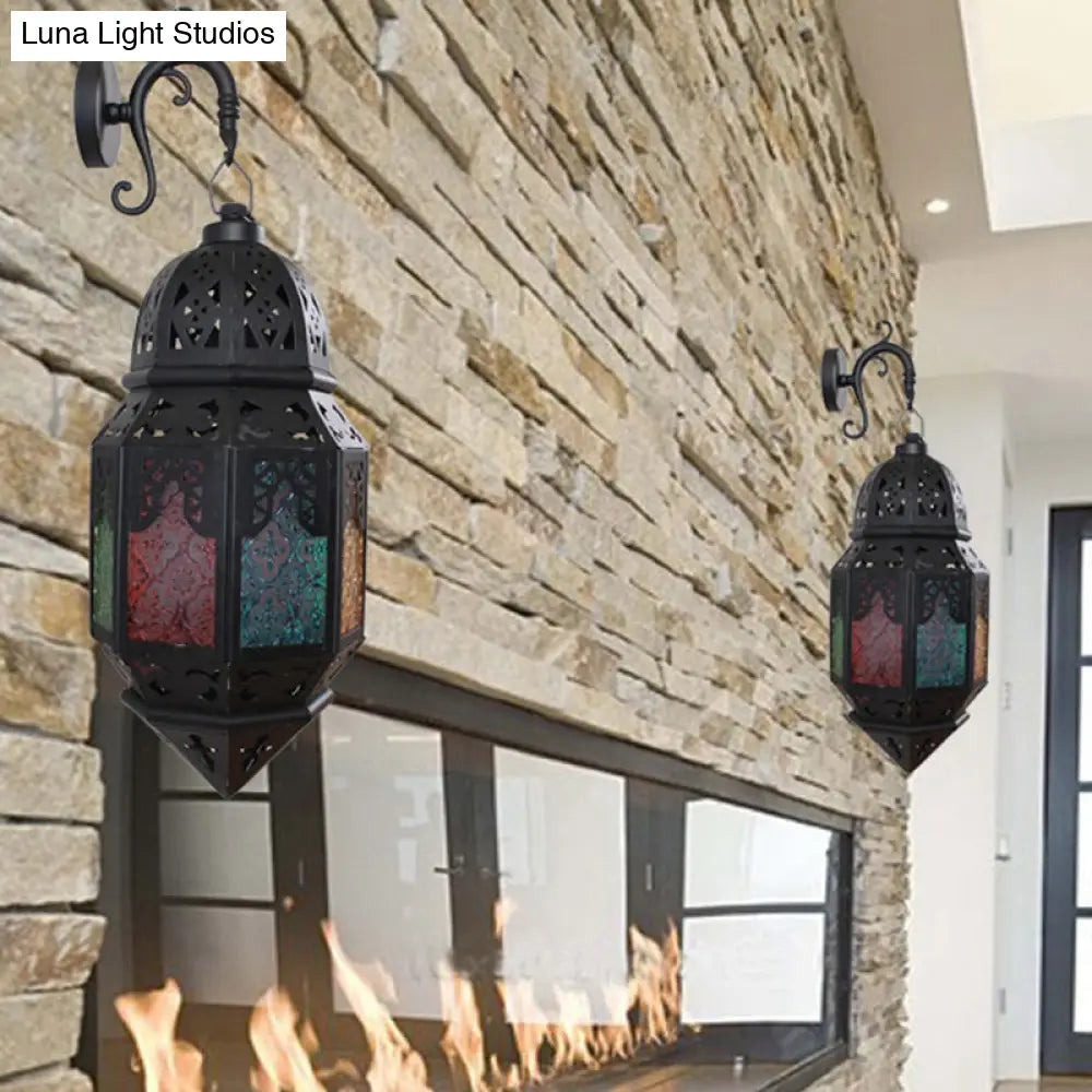 Turkish Single-Bulb Black Stained Art Glass Censer Wall Lamp: Bistro Lantern Sconce