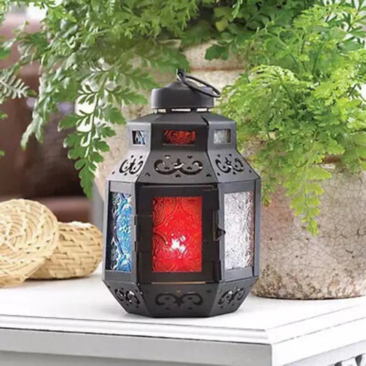 Turkish Style Black Metal Desk Lamp with Colorful Textured Glass Shade