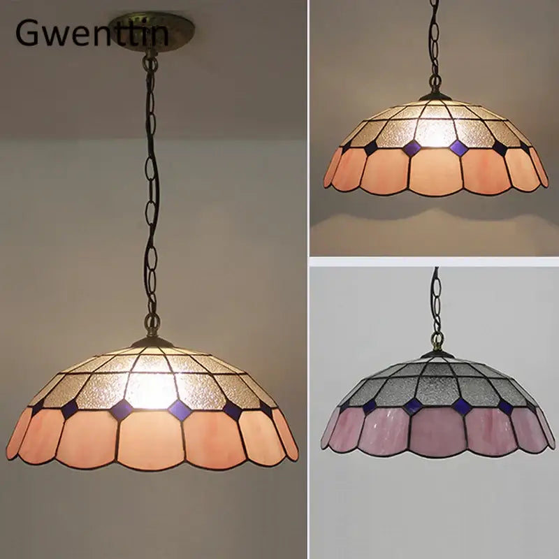 Turquoise and purple diamond square stained glass pendant light with warm amber hexagonal and petal panels