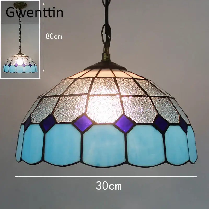 Turquoise and purple diamond square stained glass pendant light with dome-shaped silver and blue shade for kitchen