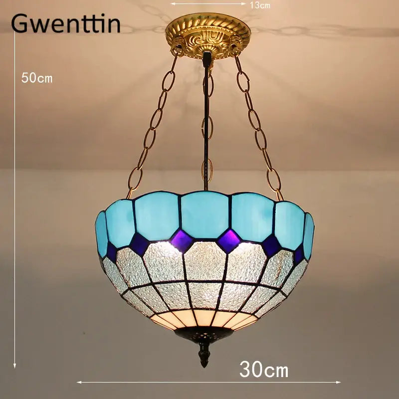 Gwenttin pendant light with turquoise and purple diamond square stained glass mosaic shade for kitchen use