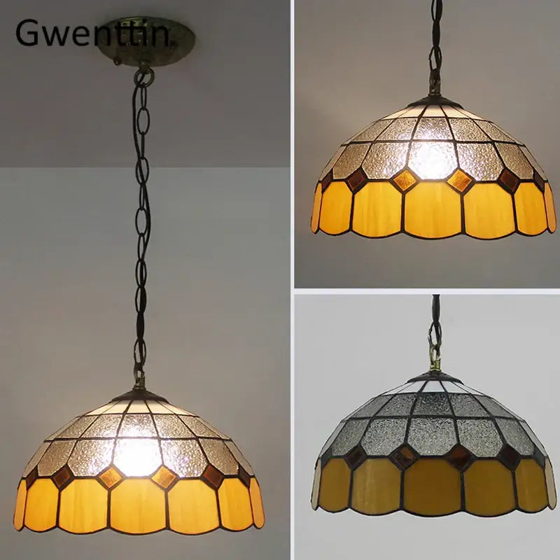 Gwentin pendant light with dome-shaped amber and frosted glass in intricate turquoise and purple diamond square stained design