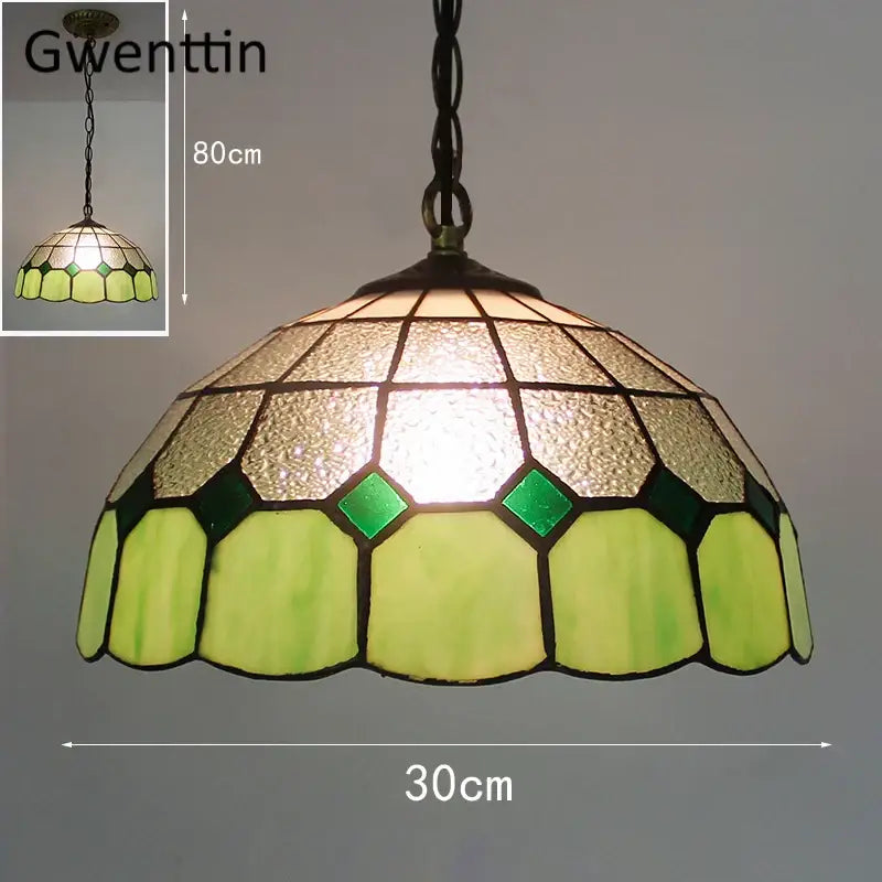 Green and gold diamond square stained glass pendant light with chain suspension for kitchen lighting