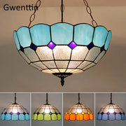 Turquoise and purple diamond square stained glass pendant light with scalloped dome shade for kitchen lighting