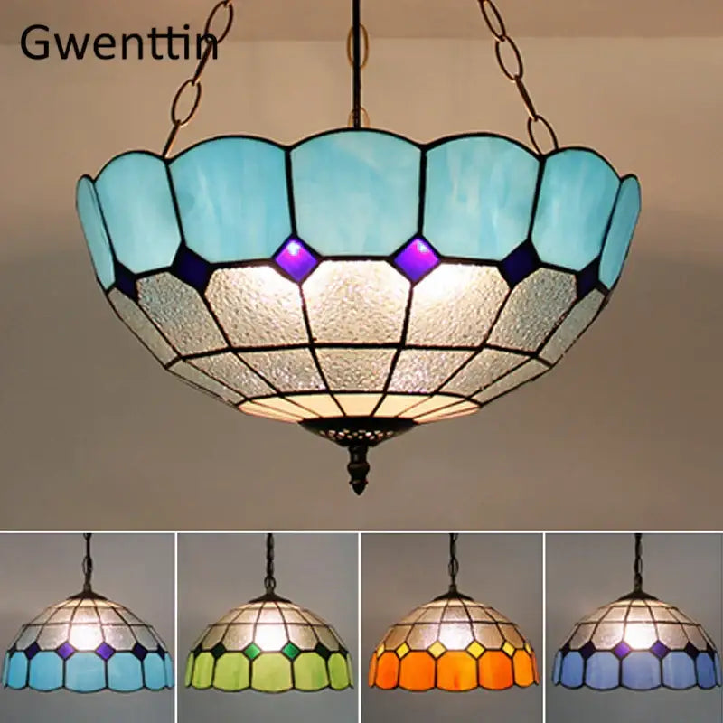 Turquoise and purple diamond square stained glass pendant light with scalloped dome shade for kitchen lighting