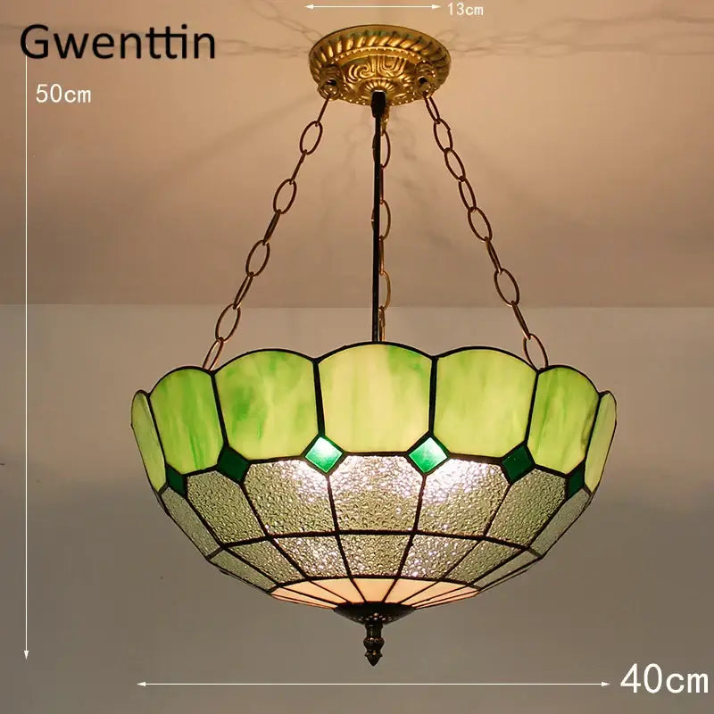 Gwenttin 50cm square stained glass pendant light with green and amber diamond square stained panels and brass chains