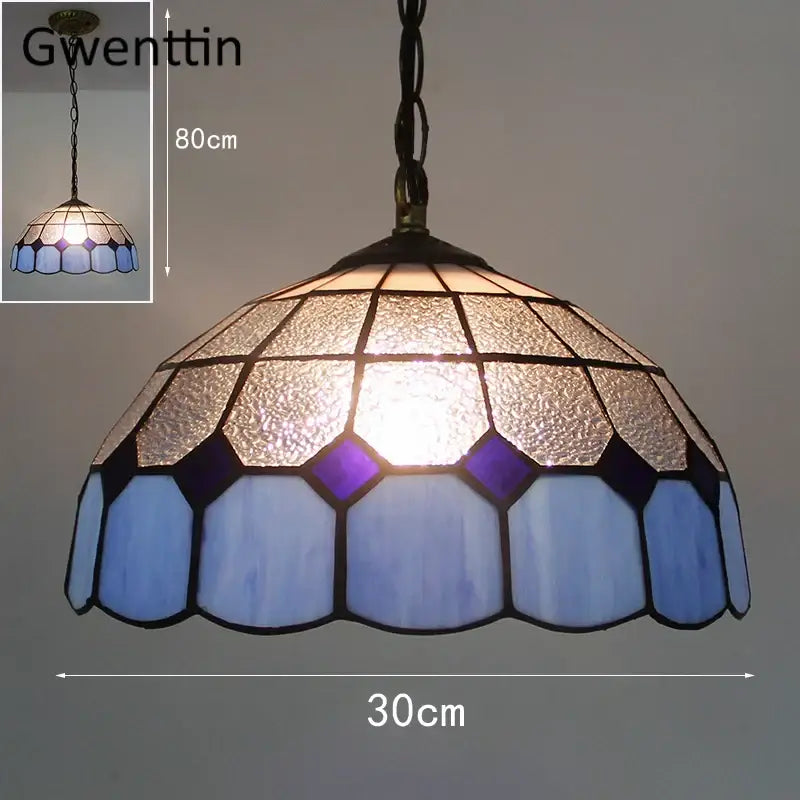 Turquoise and purple diamond square stained glass pendant light with brass finish for kitchen lighting