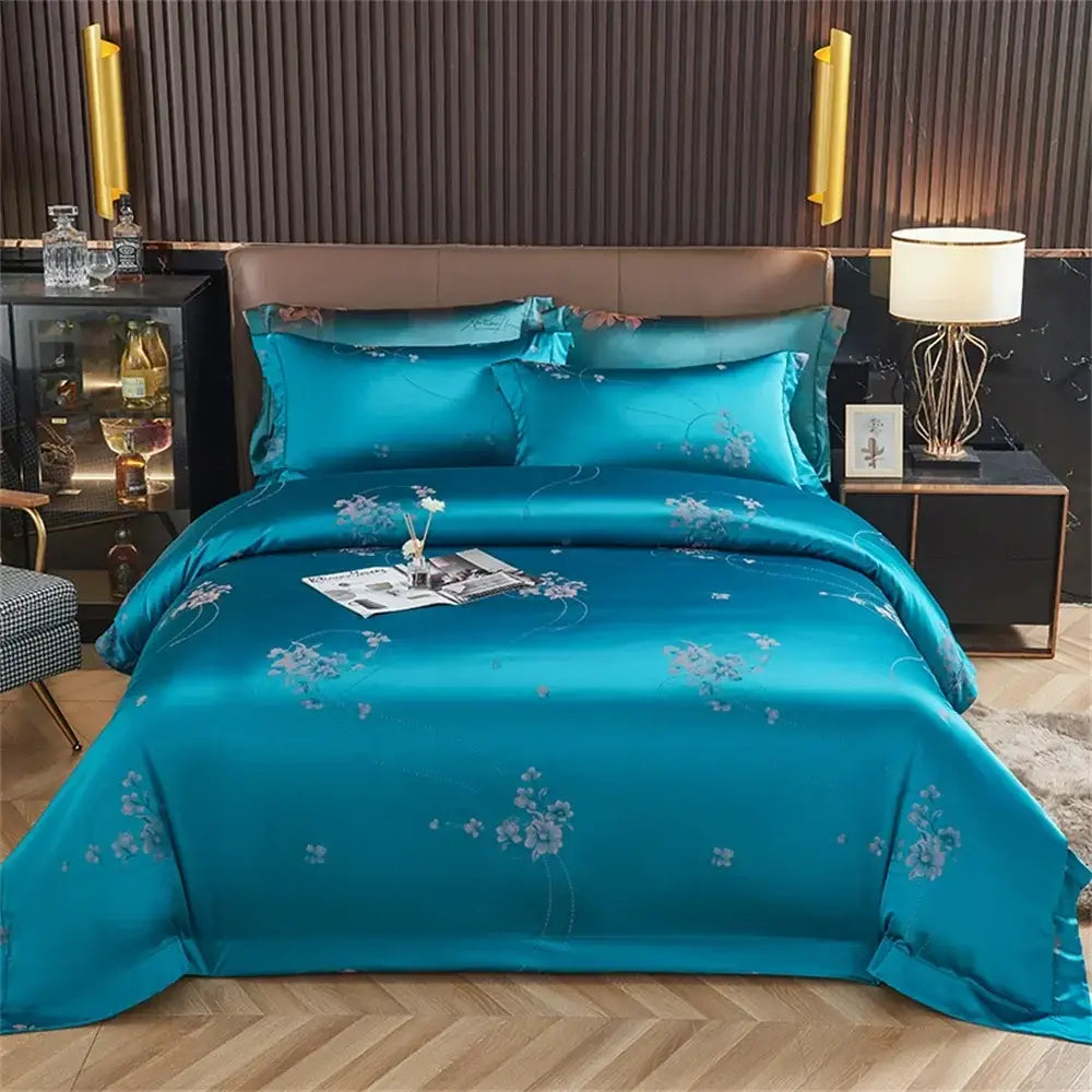 Turquoise blue satin jacquard bedding set with delicate floral embroidery for elegant bedroom decorbites blue satin decor