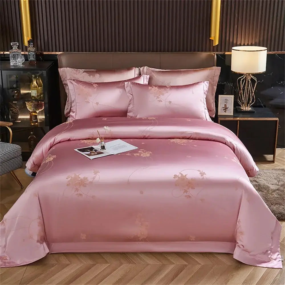 Pink satin bedding set with floral embroidery complementing decorbites blue satin jacquard embroidery bedding set