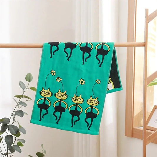 Turquoise cartoon cat cotton gauze face towel with black and yellow ballet cat pattern for decorbites cotton gauze hand use