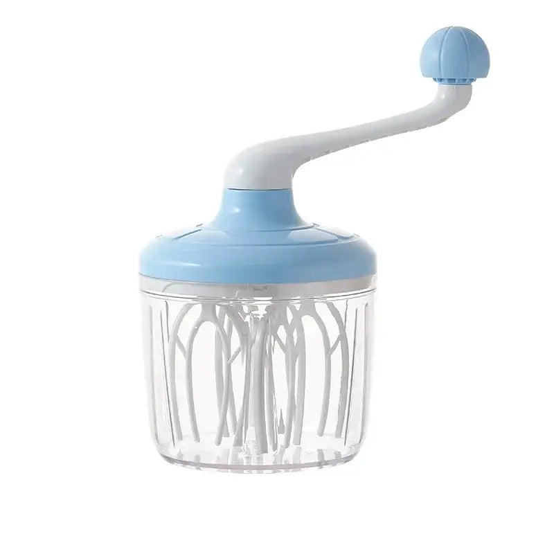 Turquoise and clear hand mixer whisk beater with a light blue and white plastic handle and glass container for kitchen use