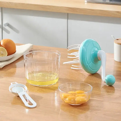 Teal and white hand mixer whisk beater with hand crank for efficient kitchen food processing and egg separation