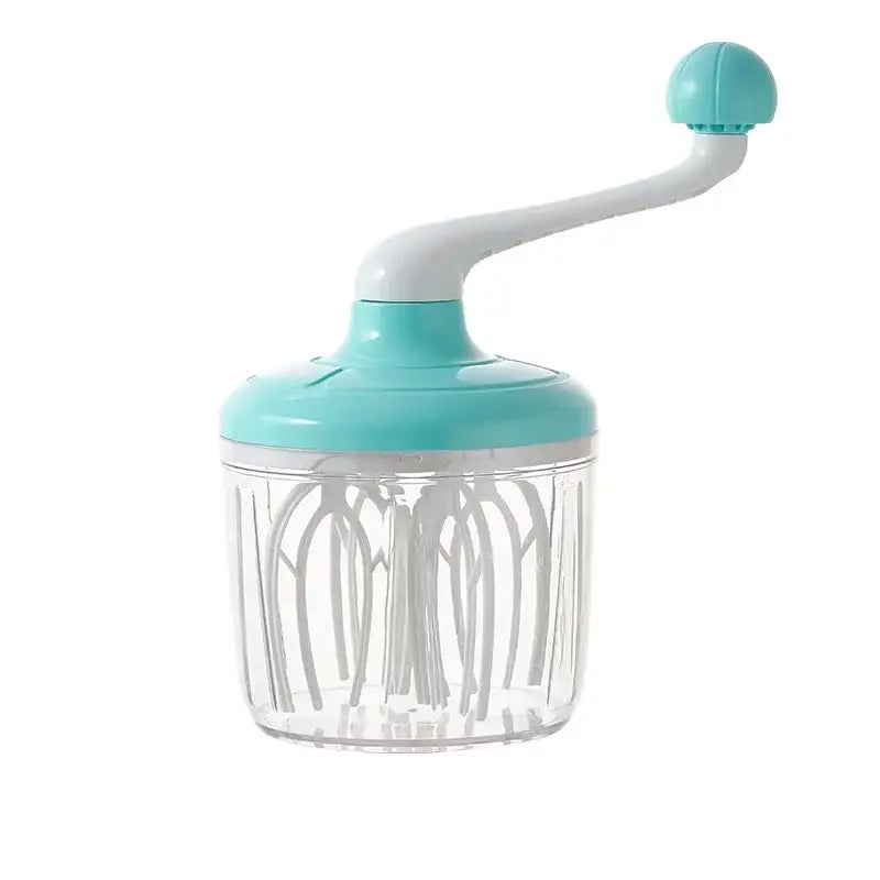 Turquoise and clear hand mixer whisk beater with a teal and white hand-cranked whisk and plastic container