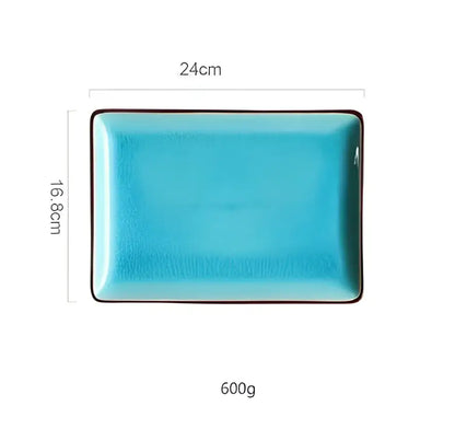 Rectangular turquoise crack glaze ceramic plate with dark brown rim by decorbites blue ice measuring 24cm by 16.8cm