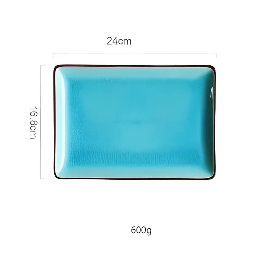 Rectangular turquoise crack glaze ceramic plate with dark brown rim by decorbites blue ice measuring 24cm by 16.8cm