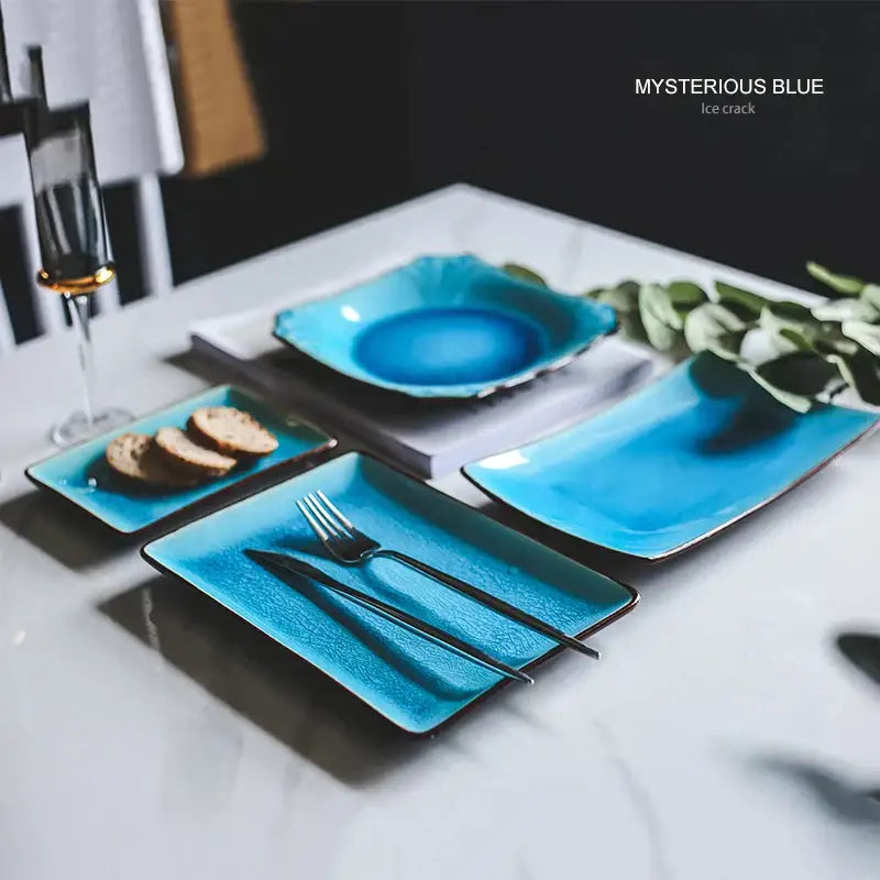 Set of turquoise crack glaze ceramic plates in vibrant decorbites blue ice with an ice crack glaze finish for dining
