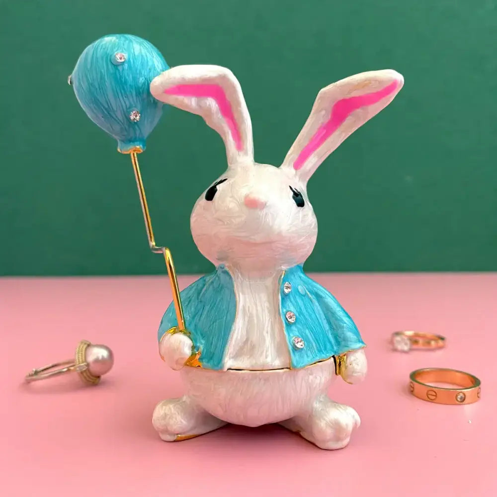 Turquoise enamel swan crystal animal trinket box featuring a white rabbit figurine with rhinestones and balloon decorbites crystal animal