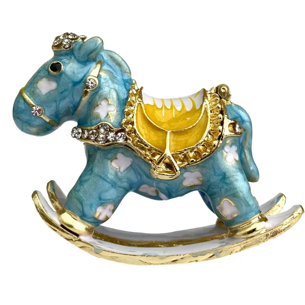 Turquoise enamel rocking horse brooch with gold accents and crystals featured among decorbites crystal animal figurines and trinket box decor