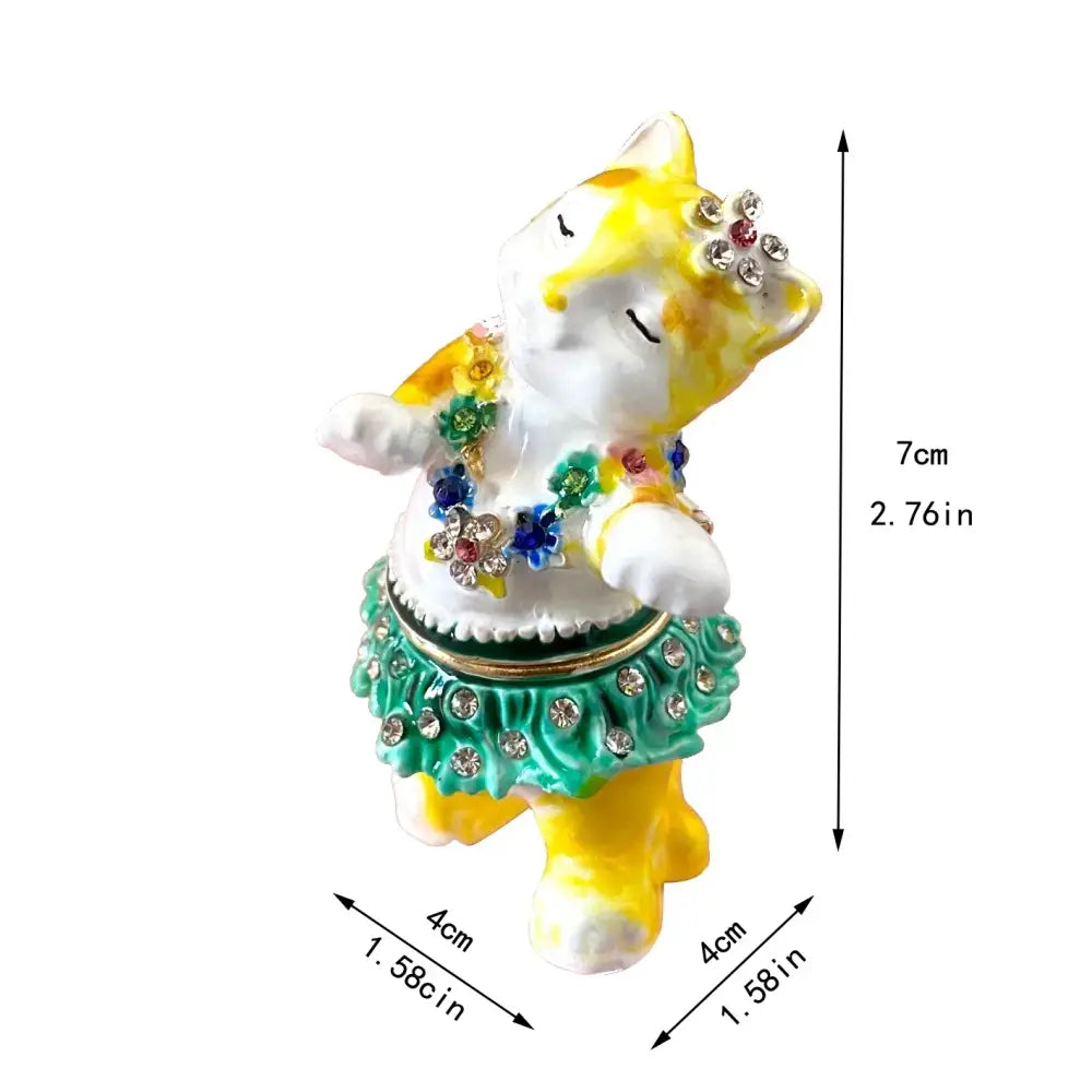 A yellow and white ceramic cat trinket box with colorful rhinestones and floral decorbites crystal animal figurines design