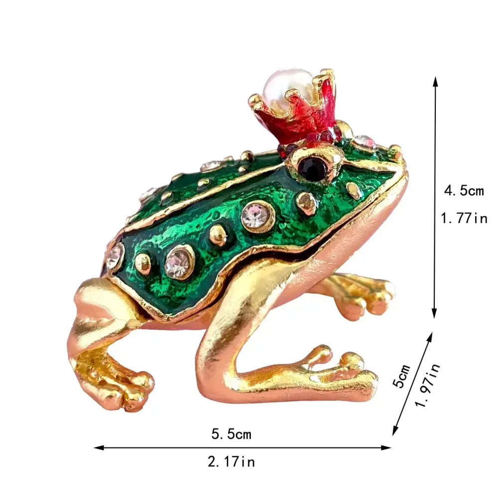 A green and gold frog-shaped decorbites crystal animal brooch with rhinestones and pearl crown for trinket box decor