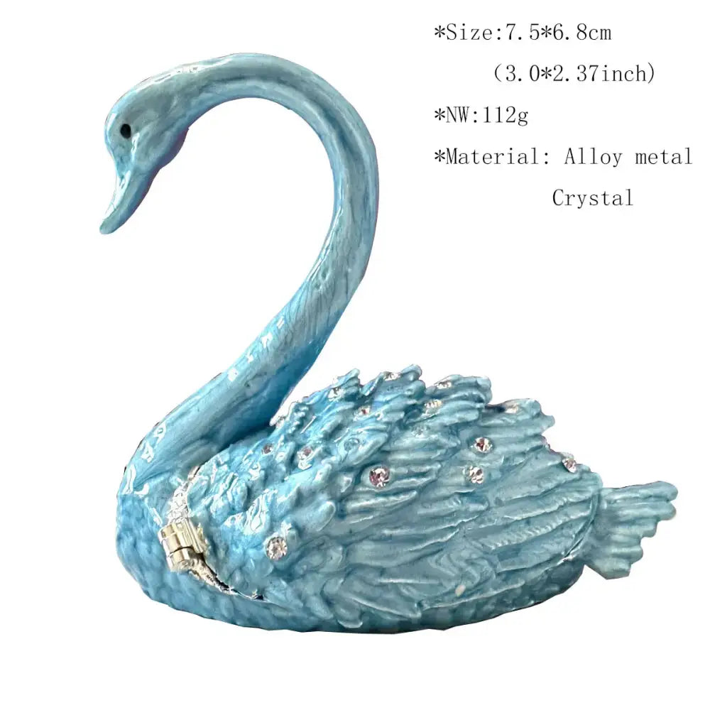 Turquoise enamel light blue alloy swan trinket box with crystal animal figurines decorbites for bedroom decor