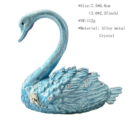 Turquoise enamel light blue alloy swan trinket box with crystal animal figurines decorbites for bedroom decor