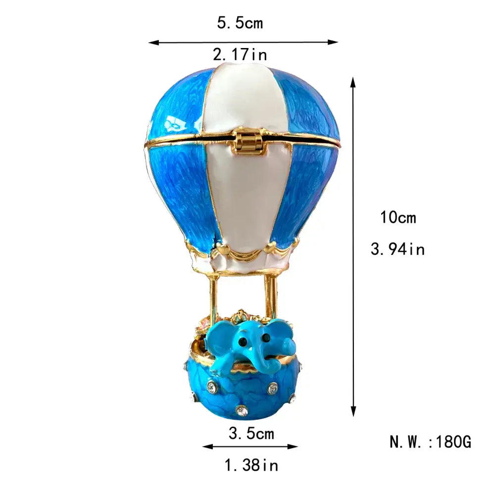 Decorbites crystal animal trinket box shaped like a blue and white hot air balloon with gold accents and rhinestone elephant