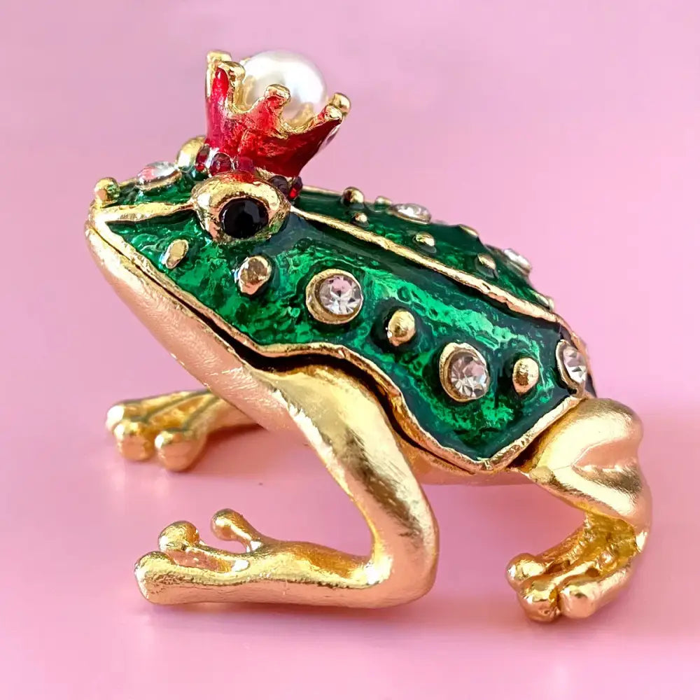 A green and gold jeweled frog brooch with red crown and pearl detail for decorbites crystal animal trinket box decor