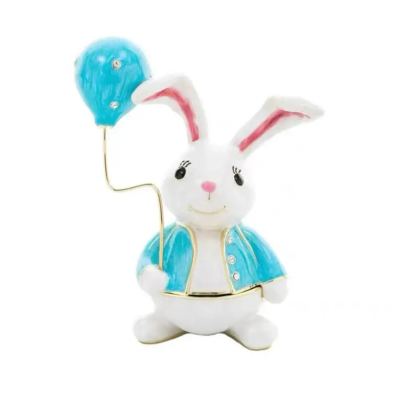 A white rabbit crystal animal figurine trinket box in turquoise enamel jacket with rhinestone blue balloon decorbites decor