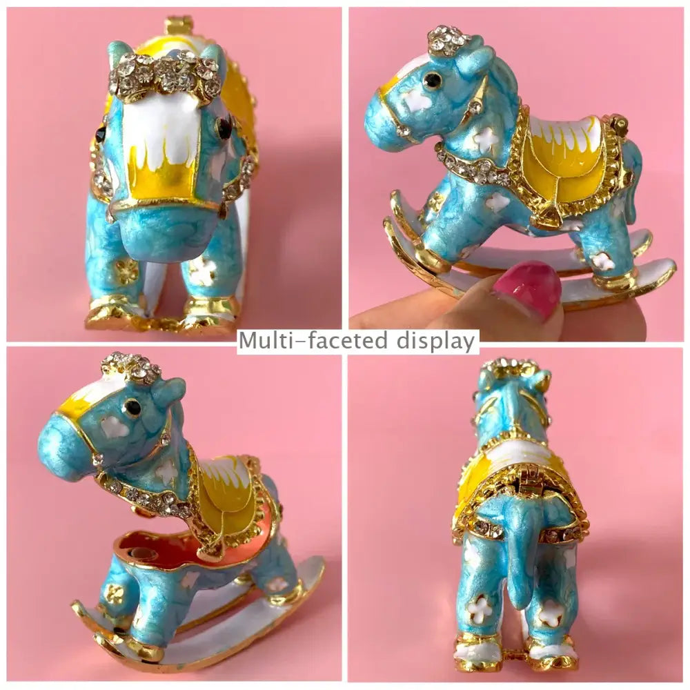 Blue enamel rocking horse figurine with gold accents and rhinestones decorbites crystal animal trinket box decor