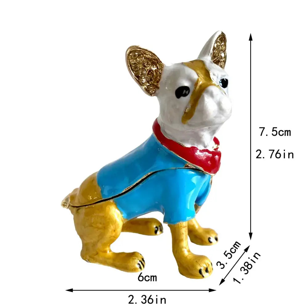 A white and gold french bulldog crystal animal figurine trinket box in blue outfit with red collar for decorbites bedroom decor