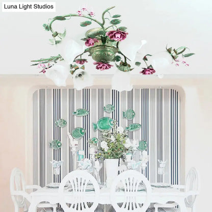 DecorBites™ DecorBites™ Turquoise Finish Country Flower Opaline Glass Ceiling Light - Semi Flush Mount