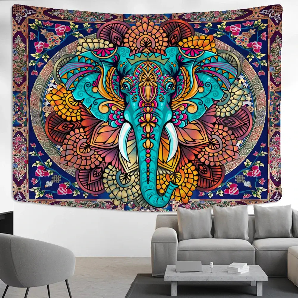 Vibrant turquoise and gold elephant mandala tapestry with intricate floral borders for wall hanging decorbites decor